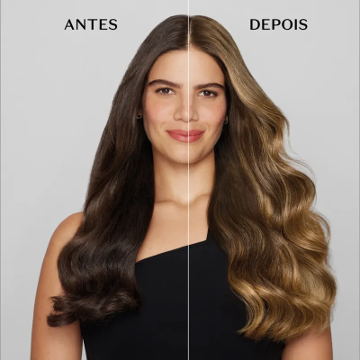 Mulher com cabelo castanho escuro e liso à esquerda e cabelo loiro ondulado à direita, texto ANTES e DEPOIS.