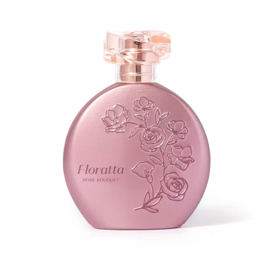 Frasco de perfume rosa com flores em relevo e tampa transparente