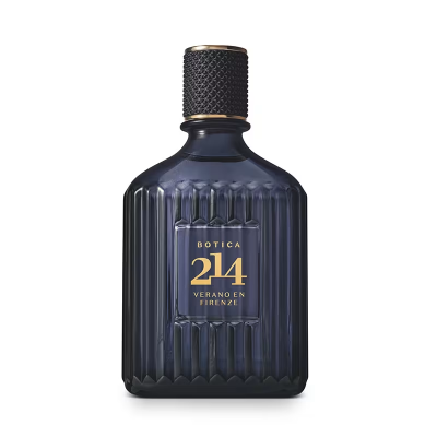 Frasco azul escuro de perfume Botica 214 com tampa preta texturada