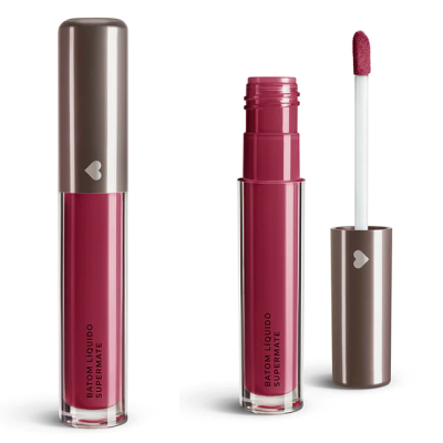 Batom líquido rosa escuro com tampa castanha, embalagens fechada e aberta com aplicador