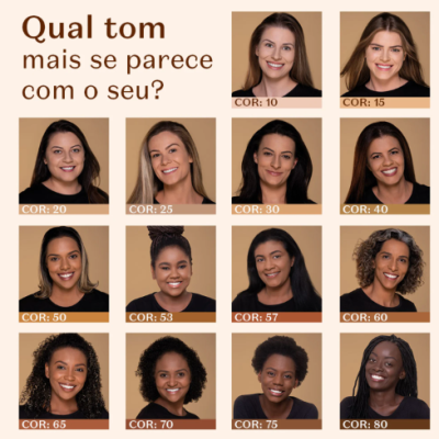 Paleta de tons de pele com 16 fotografias numeradas de COR: 10 a COR: 80 em fundo bege.