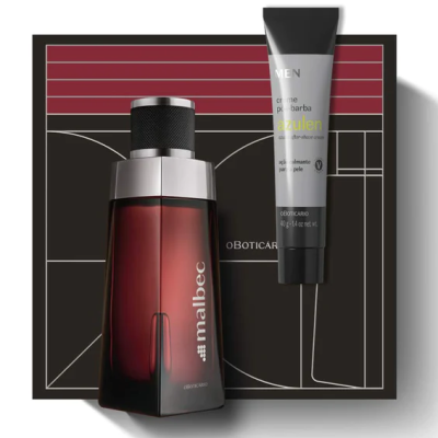 Conjunto de perfume Malbec e creme para barbear azulen sobre caixa preta com detalhes vermelhos e brancos