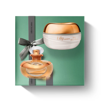 Conjunto de perfume e creme Lily Lumière em caixa verde com fita cinza
