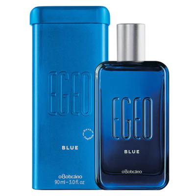 Perfume Egeo Blue em frasco azul com embalagem metálica azul