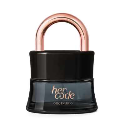 Frasco de perfume cinza com tampa preta e arco dourado, texto 'her code'