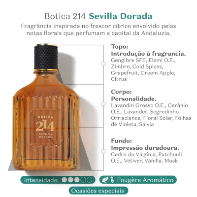 Frasco de perfume Botica 214 Sevilla Dorada âmbar com tampa preta e descrição das notas olfativas