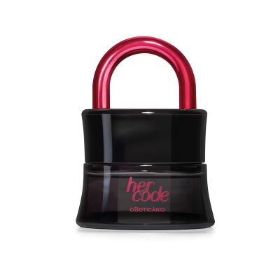 Frasco de perfume her code em forma de cadeado preto e vermelho