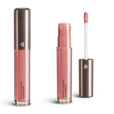 Batom líquido rosa nude com tampa castanha e texto BATOM LÍQUIDO SUPERMATTE.