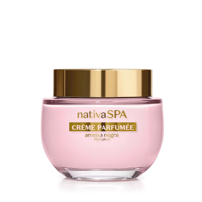 Frasco de vidro rosa com tampa dourada de creme perfumado nativaSPA ameixa negra