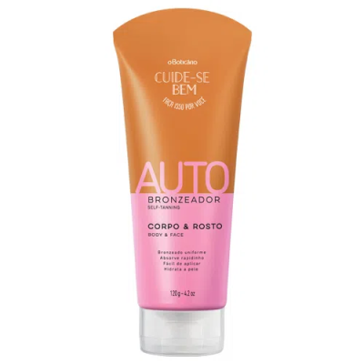 Tubo de creme autobronzeador para corpo e rosto, embalagem laranja e rosa.