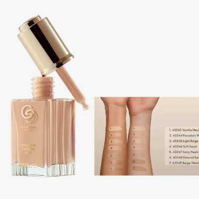 Frasco de corretor líquido bege nude com tampa dourada e comparação de tons no braço