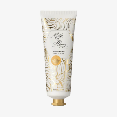 Creme hidratante para mãos Milk & Honey da Oriflame em embalagem branca e dourada