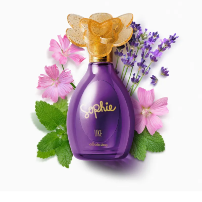 Frasco de perfume Sophie LIKE O Boticário roxo com tampa dourada e flores