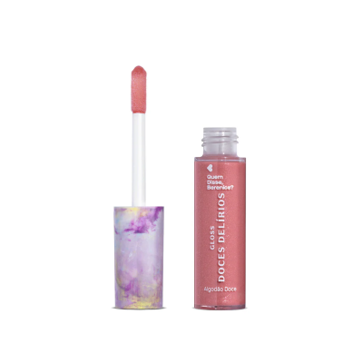 Gloss labial rosa cintilante com aplicador e embalagem transparente com tampa lilás e amarelo