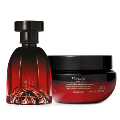 Frasco de perfume e pote de creme Floratta Red Passion em vermelho e preto