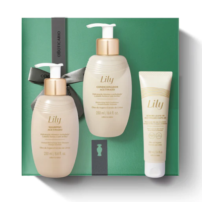Kit de produtos para cabelo Lily da O Boticário com shampoo, condicionador e sérum numa caixa verde
