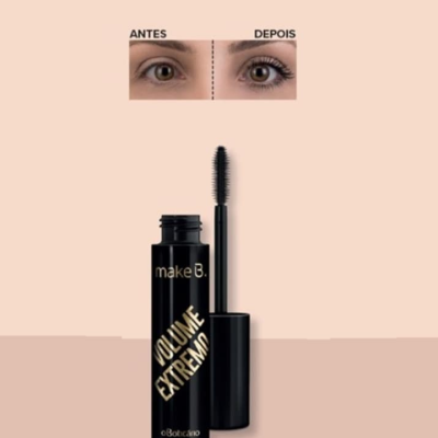 Rímel preto Volume Extreme make B. O Boticário com antes e depois de aplicação.