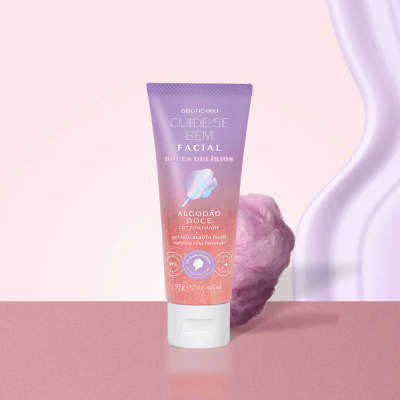 Gel hidratante facial Cuide-se Bem Doces Delírios Algodão Doce em tubo lilás e rosa