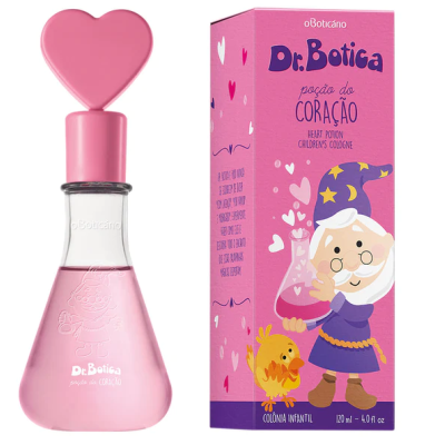 Colónia infantil Dr. Botica poção do CORAÇÃO com frasco rosa e tampa em forma de coração e embalagem ilustrada