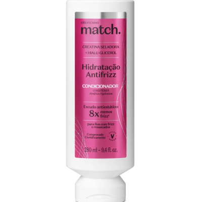 Frasco branco de condicionador Match Hidratação Antifrizz com rótulo rosa e texto em português