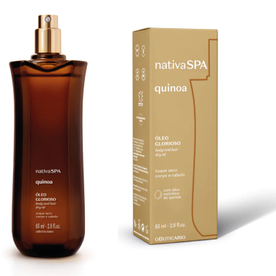 Frasco castanho plástico spray dourado óleo corporal e capilar Nativa SPA quinoa 85 ml com caixa