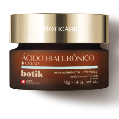 Frasco de creme de ácido hialurónico Botik castanho com tampa dourada