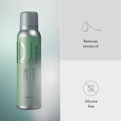 Spray facial DUOLOGI óleo-control SPF 20 embalagem metálica verde prateada
