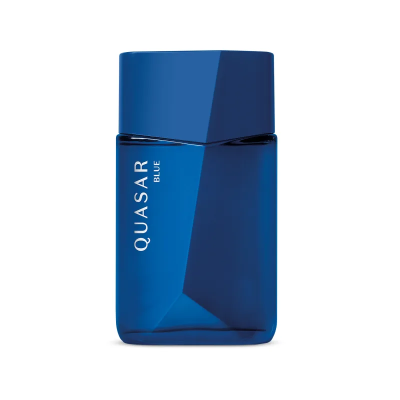 Frasco azul de perfume ou colónia com texto QUASAR BLUE