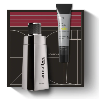 Frasco prateado de perfume Malbec e tubo cinza de creme para barba sobre caixa preta com detalhes vermelhos e brancos.