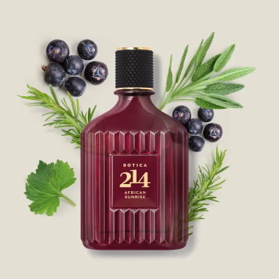 Garrafa de perfume Botica 214 African Sunrise e elementos naturais