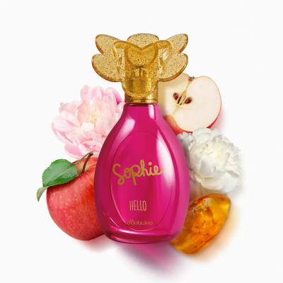 Frasco de perfume Sophie Hello com tampa dourada em forma de borboleta