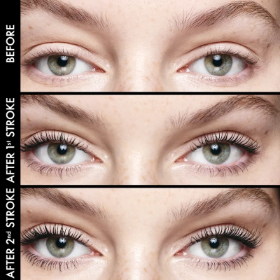 Imagem de olhos femininos antes e depois da aplicação de máscara de pestanas.