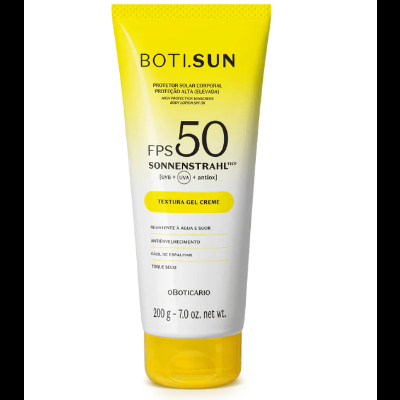 Frasco amarelo e branco de protetor solar corporal BOTI.SUN FPS 50 com 200g.