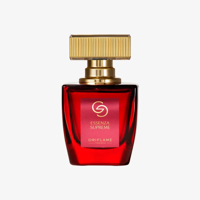 Frasco de perfume vermelho Essenza Supreme da Oriflame com tampa dourada texturada
