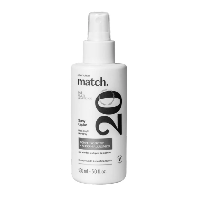 Spray capilar branco O Boticário Match com texto preto