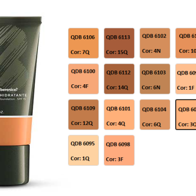 Bisnaga de base àgua hidratante cor 7Q com amostras de cores e códigos num fundo branco.
