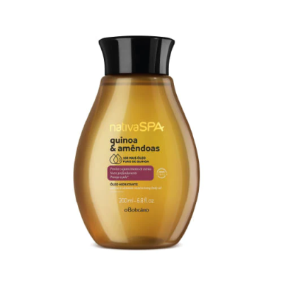 Frasco amarelo dourado translúcido de óleo corporal Nativa SPA quinoa & amêndoas