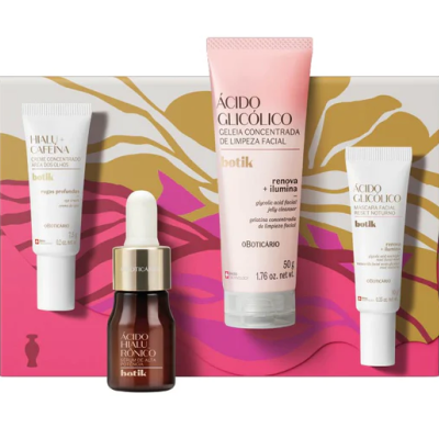 Kit de cosméticos Botik com quatro produtos e caixa decorada em rosa e dourado.