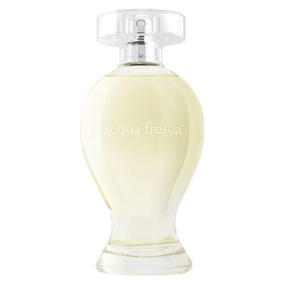 Frasco de perfume Acqua Fresca com tampa transparente e líquido amarelo claro