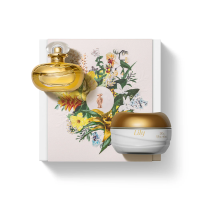 Conjunto de perfume e creme Lily com embalagem floral
