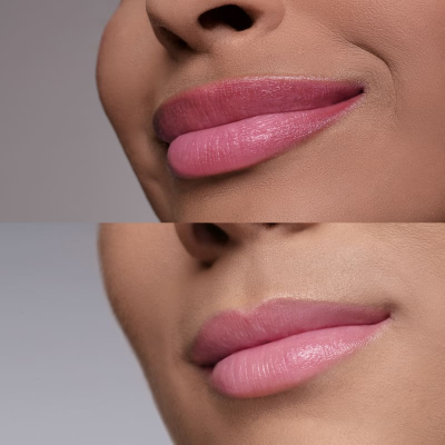 Lábios femininos rosa com brilho, close-up em duas imagens