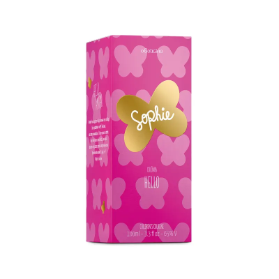 Caixa rosa de perfume com borboletas e texto Sophie, 100ml.