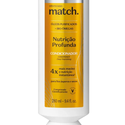 Frasco branco de condicionador O Boticário match nutrição profunda 280 ml
