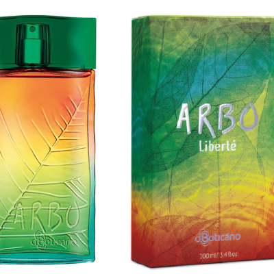 Frasco e embalagem de perfume ARBÓ Liberté com design de folhas e gradiente de cores