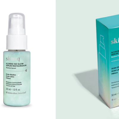Frasco de sérum restaurador skin.q com embalagem azul e verde
