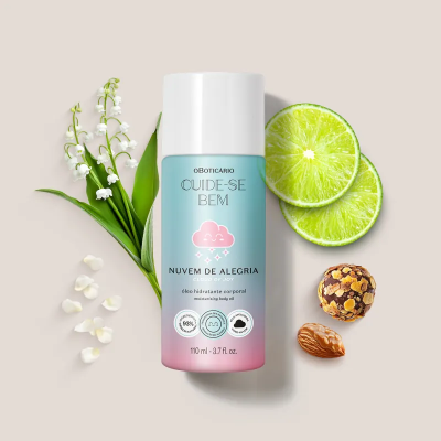 Frasco de óleo hidratante corporal oBoticário CUIDE-SE BEM NUVEM DE ALEGRIA com flores, lima, docinho e amêndoa.