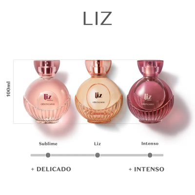 Três frascos de perfume Liz de diferentes tonalidades e intensidades