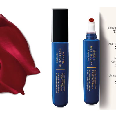 amostra e tubos de batom azul, paleta com cores e nomes