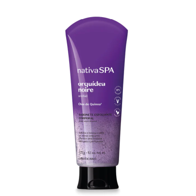 Frasco roxo com sabonete esfoliante corporal nativaSPA orquídea noire óleo de quinoa