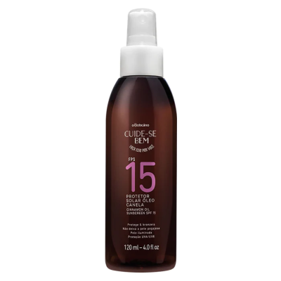 Frasco de protetor solar óleo canela Cuide-Se Bem SPF 15 120 ml